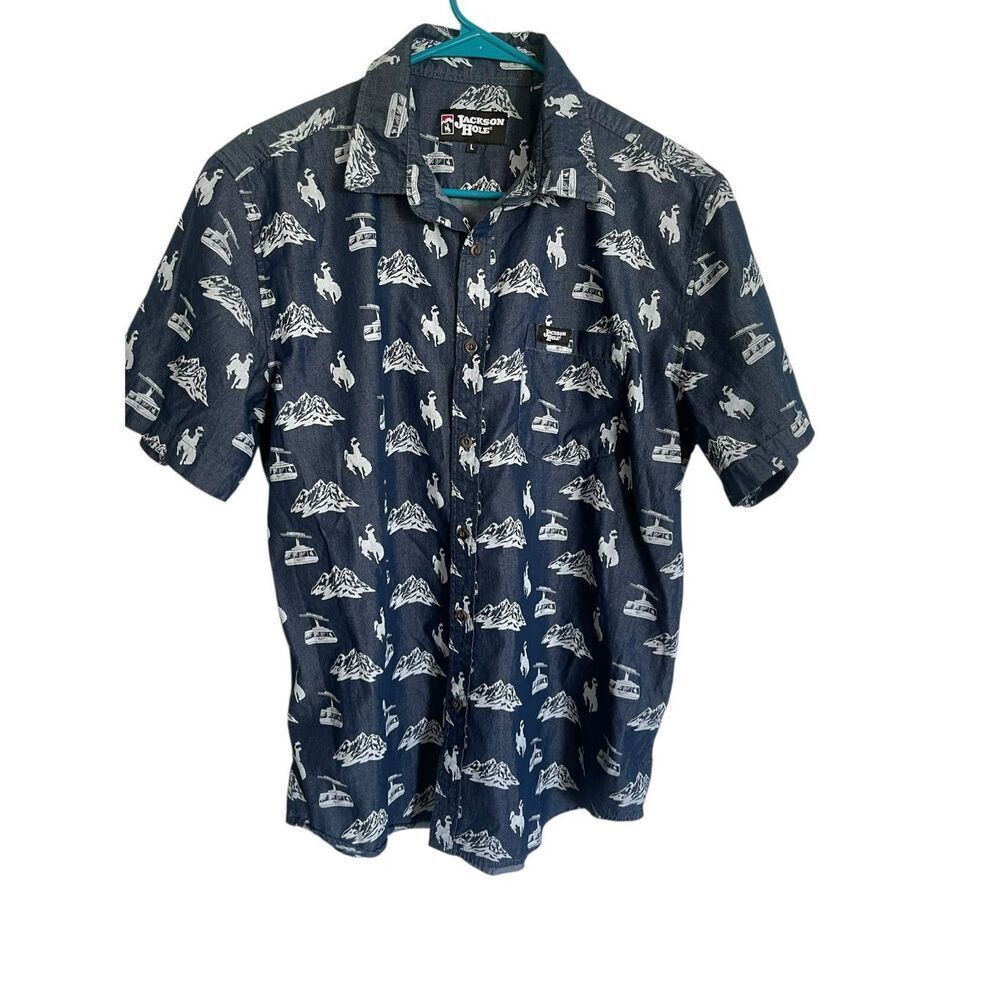 Jackson Hole Mens Blue White Dessert Print Button Down Shirt Size Large